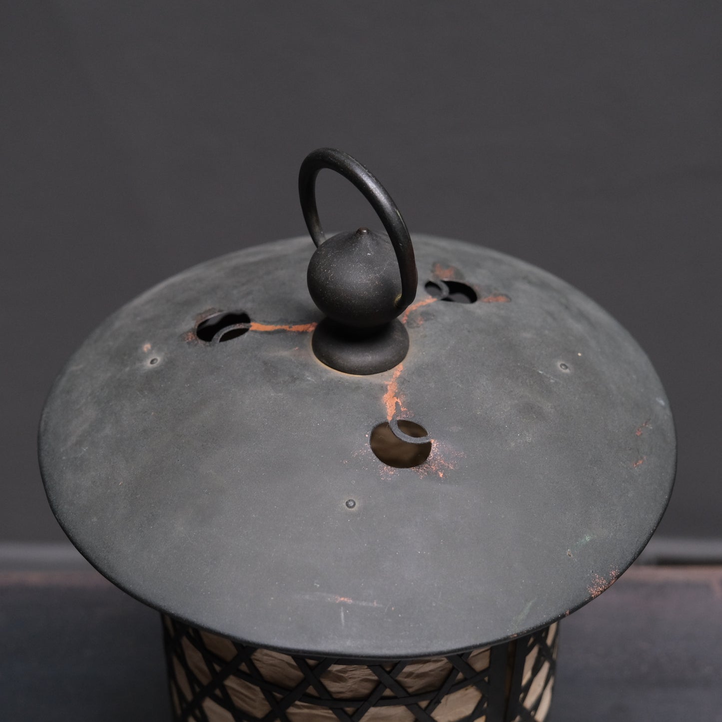 Alternate angle of Edo period Japanese hexagonal lantern, 9x11.5 inches