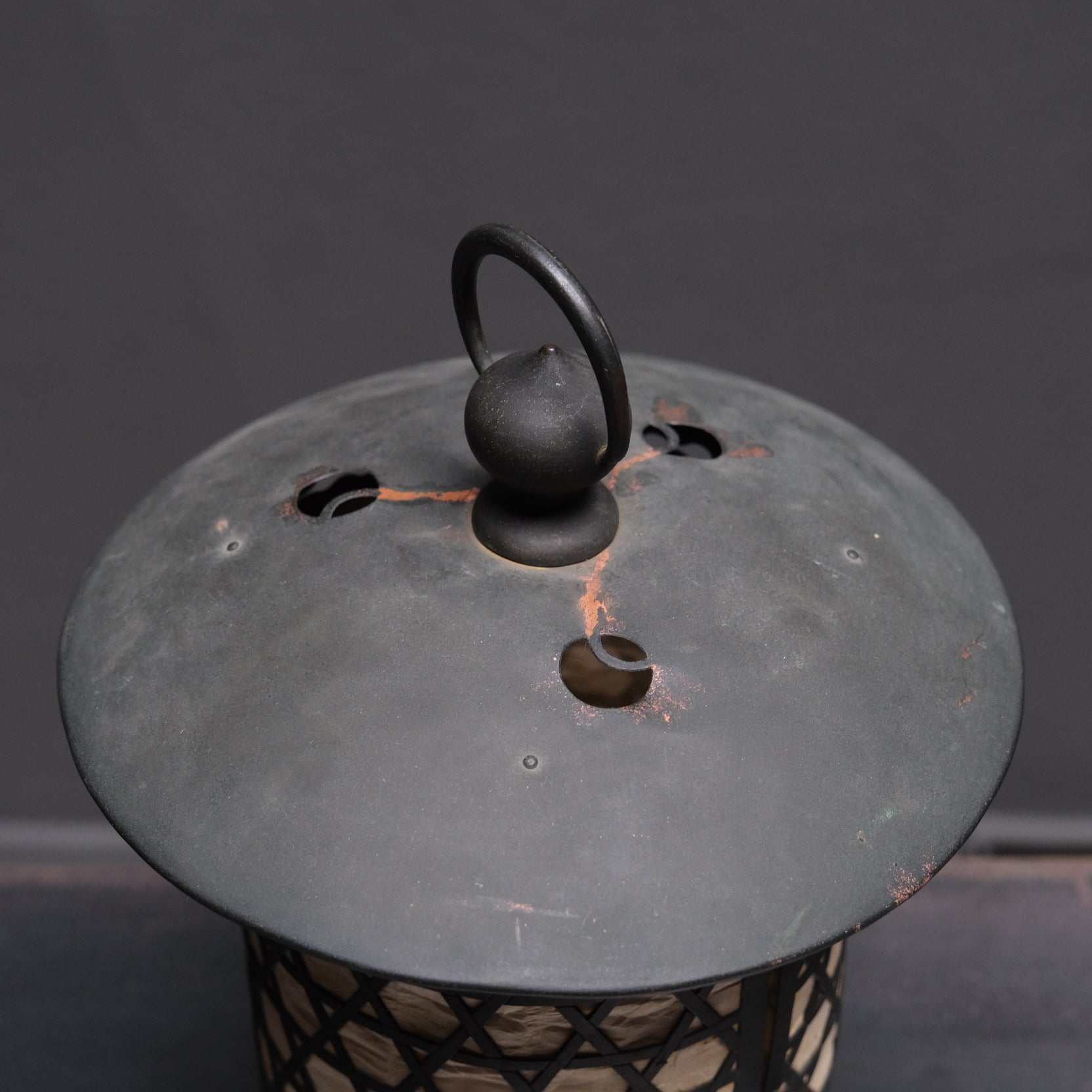 Alternate angle of Edo period Japanese hexagonal lantern, 9x11.5 inches