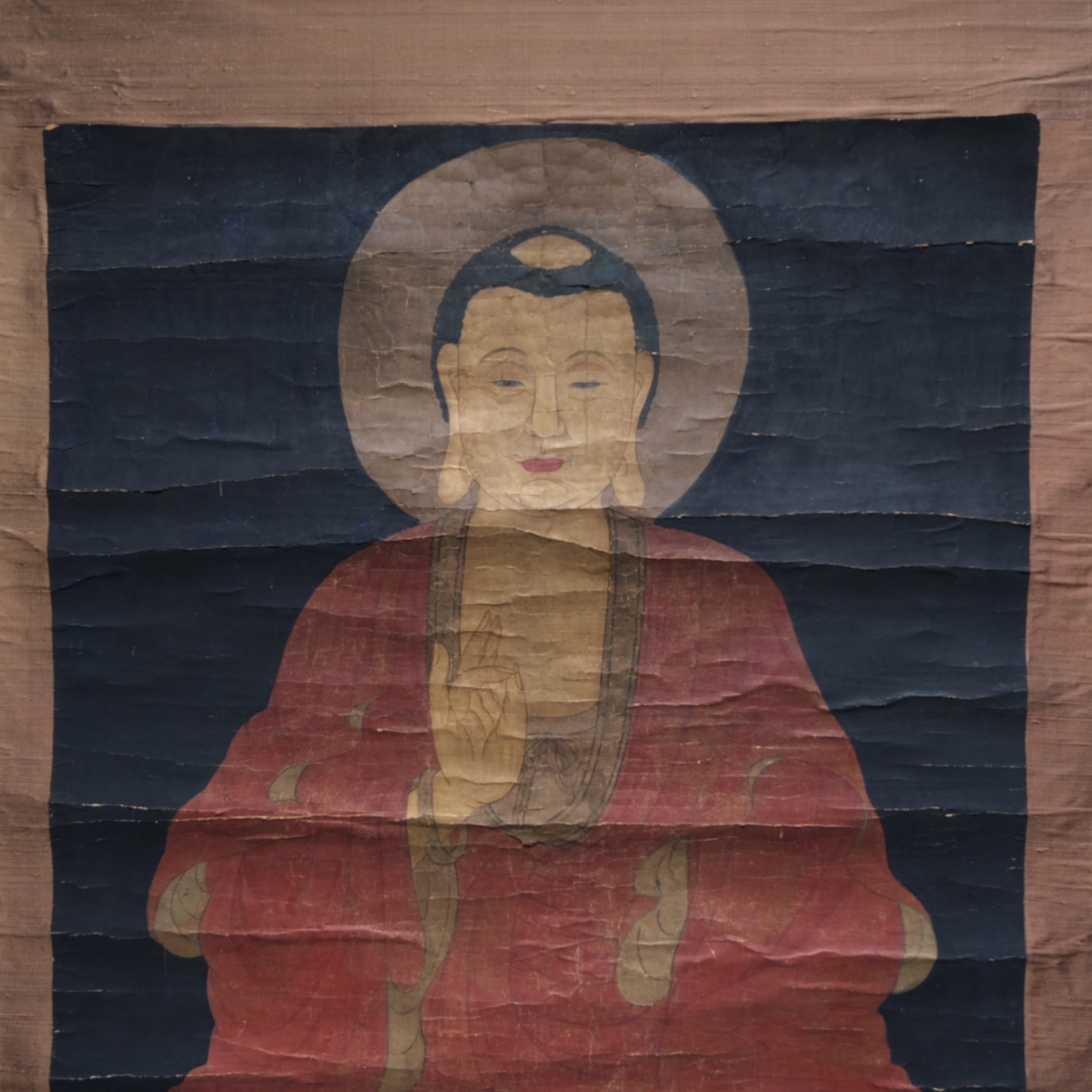 Close-up of lotus throne and stylized wave base in Korean Buddha painting