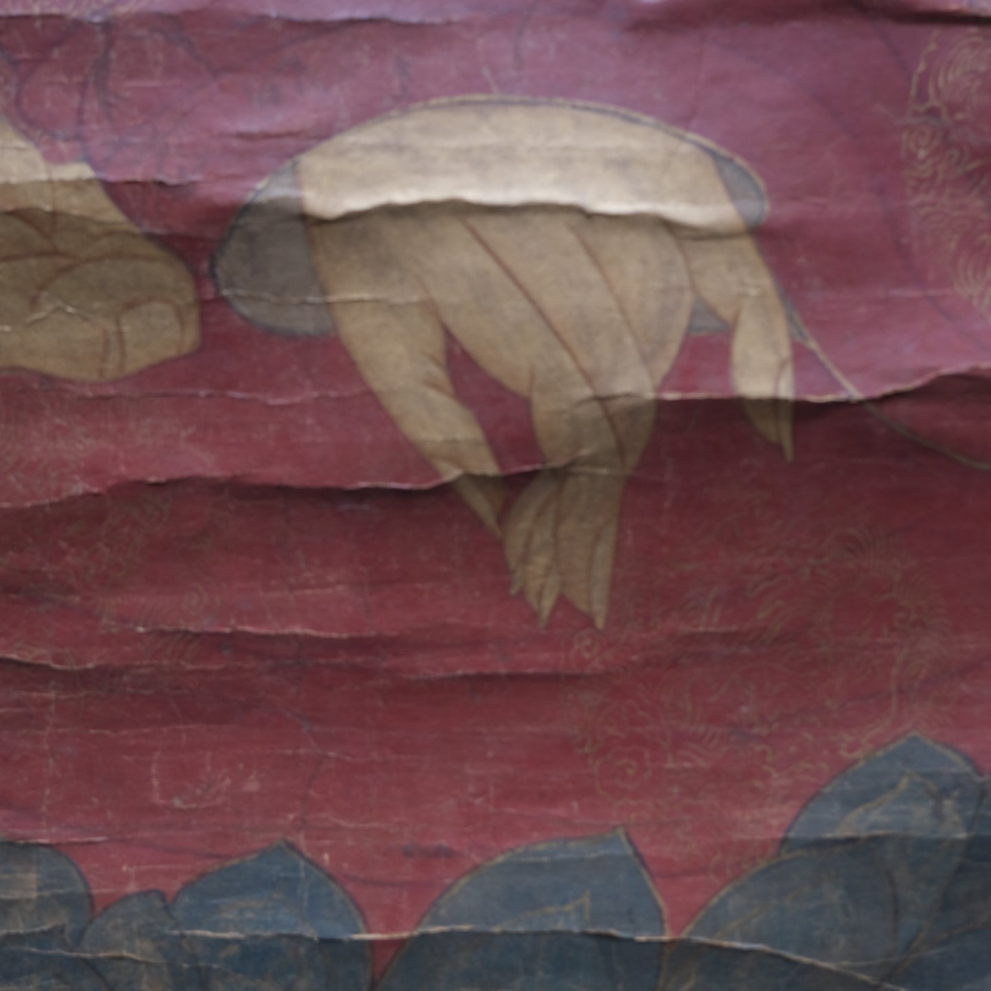 Age wear and creasing detail on Korean Buddhist painting, 69x32.75 inch image
