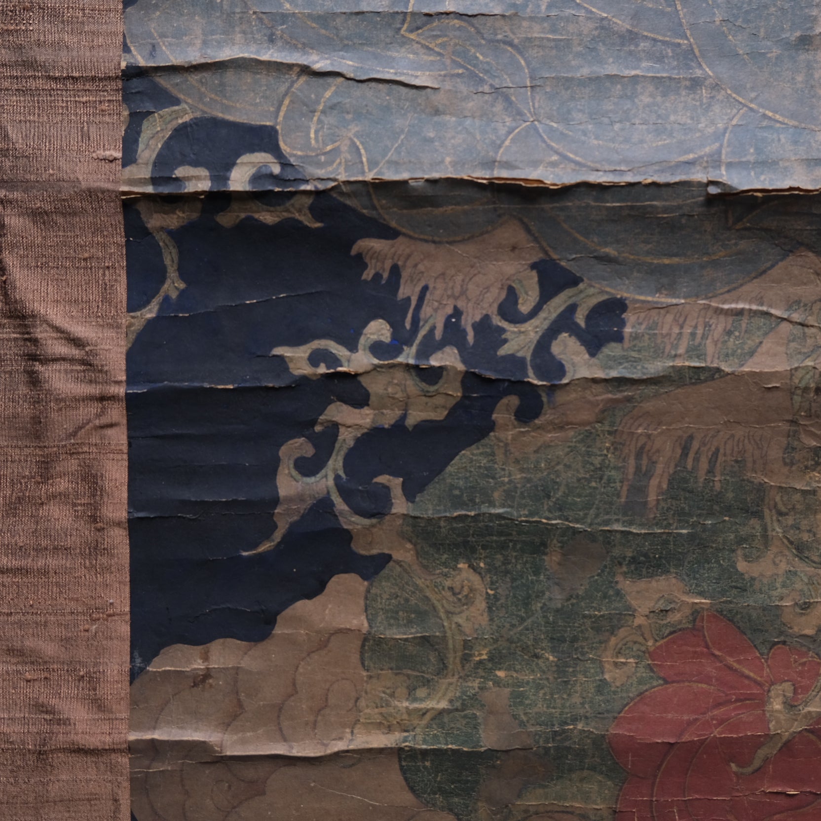 Lower section of Korean Buddha painting showing lotus throne and waves