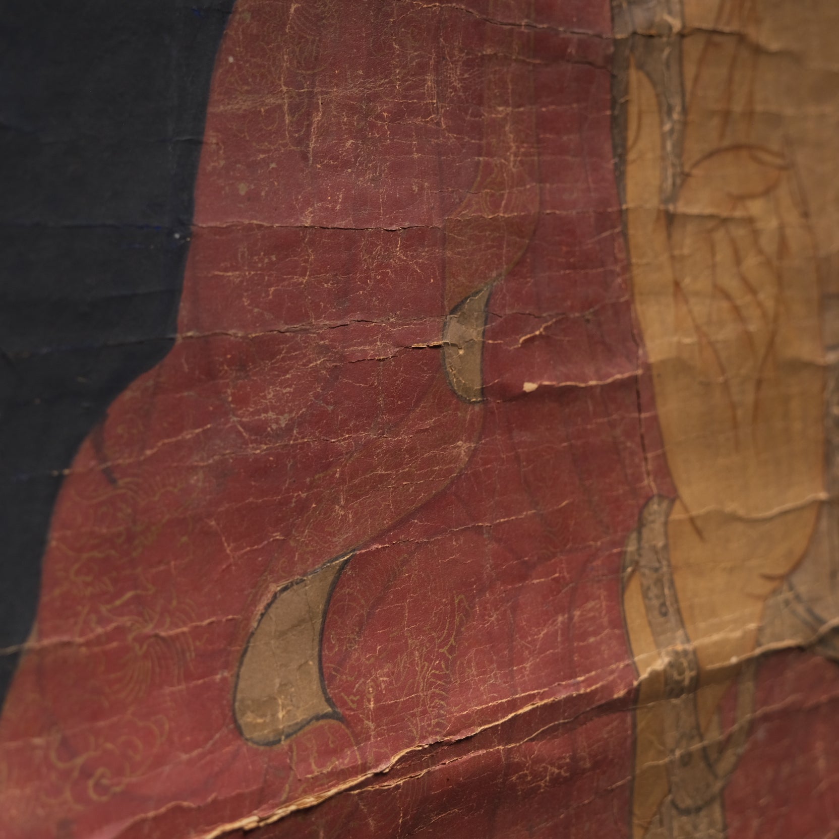 Upper section of Korean hanging scroll Buddha painting showing halo detail