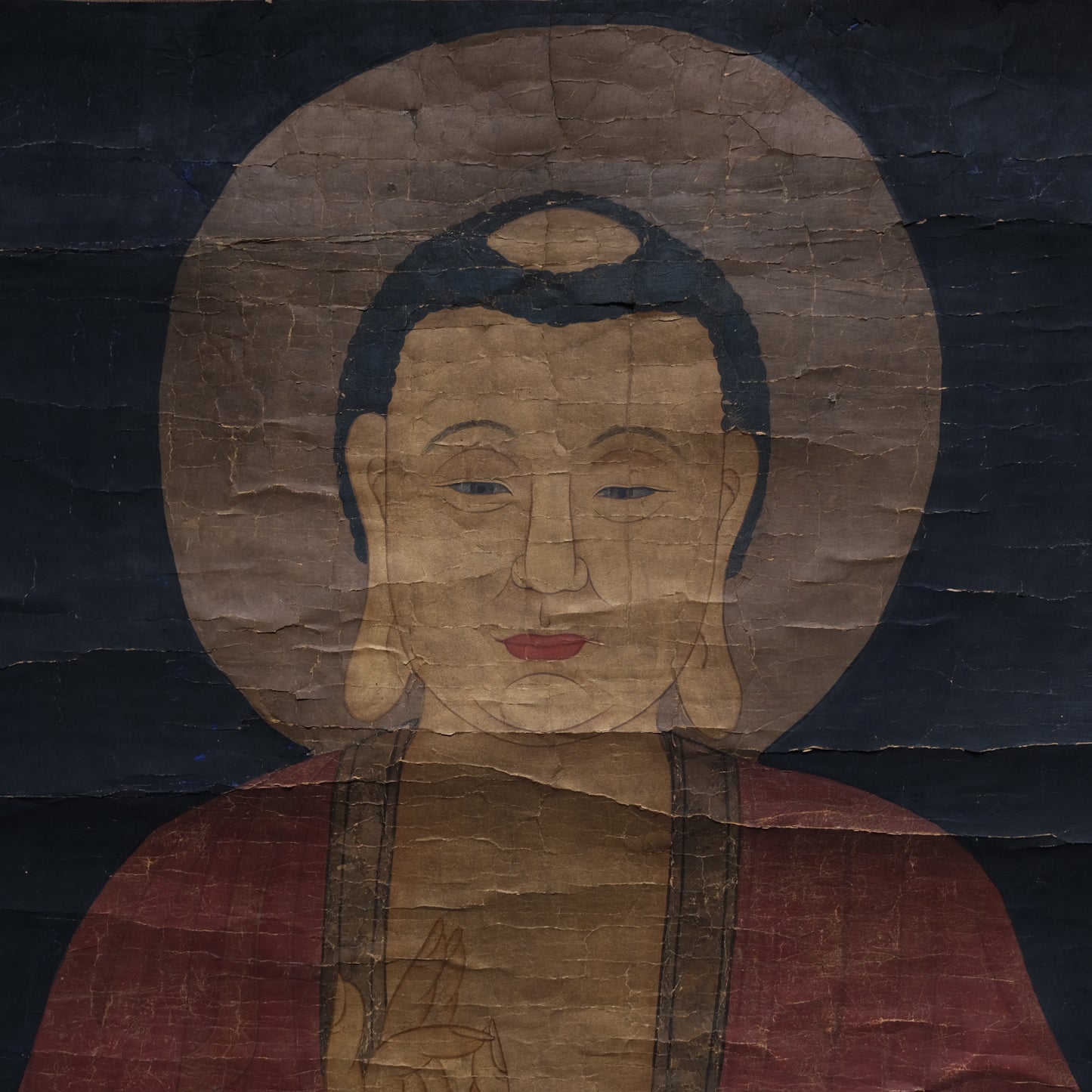 Full view of Korean Buddha painting showing complete 82.5x37.25 inch mount