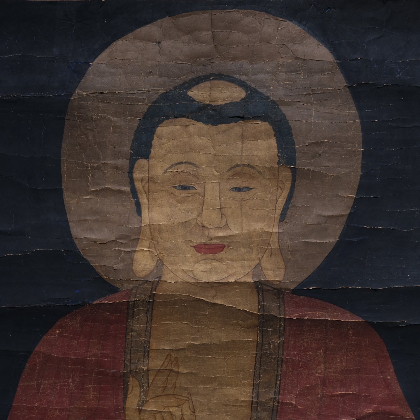 Full view of Korean Buddha painting showing complete 82.5x37.25 inch mount