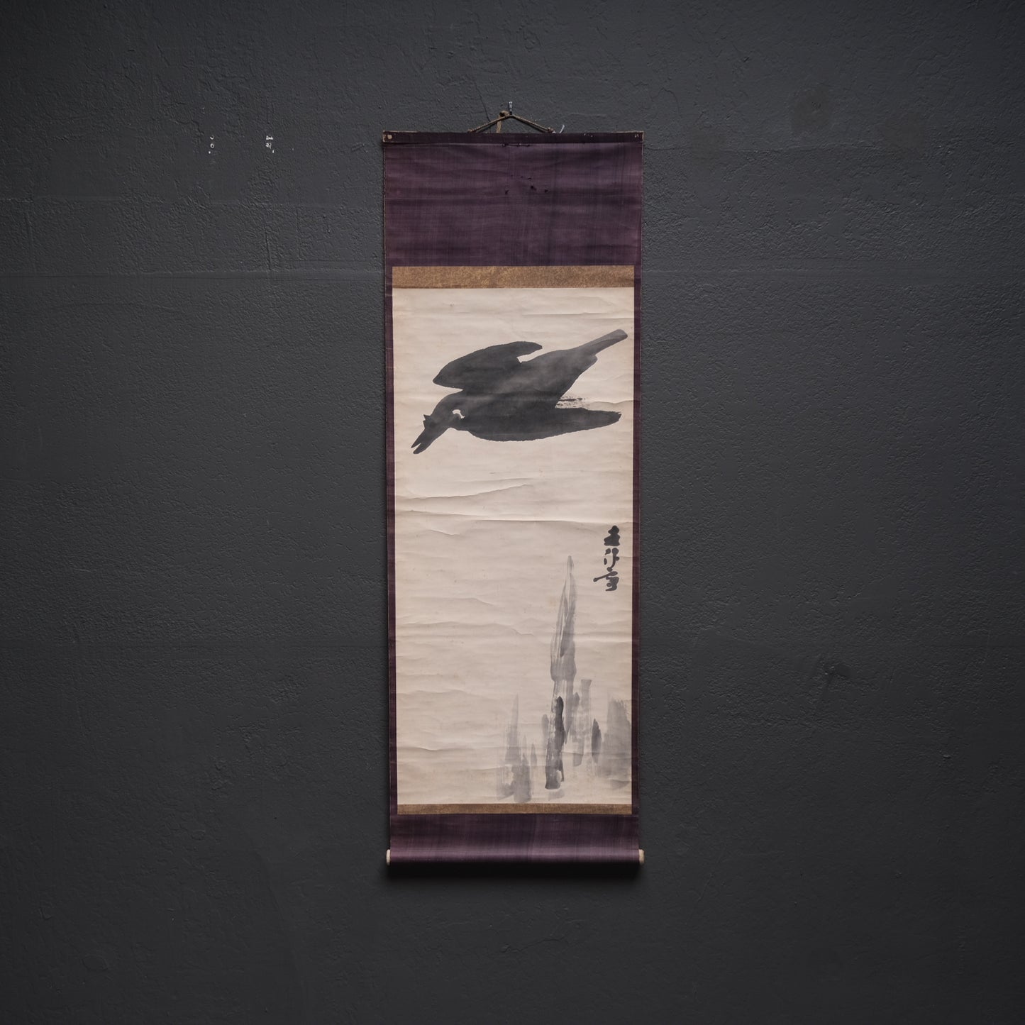 Japanese hanging scroll with calligraphy, ink brush on handmade washi
