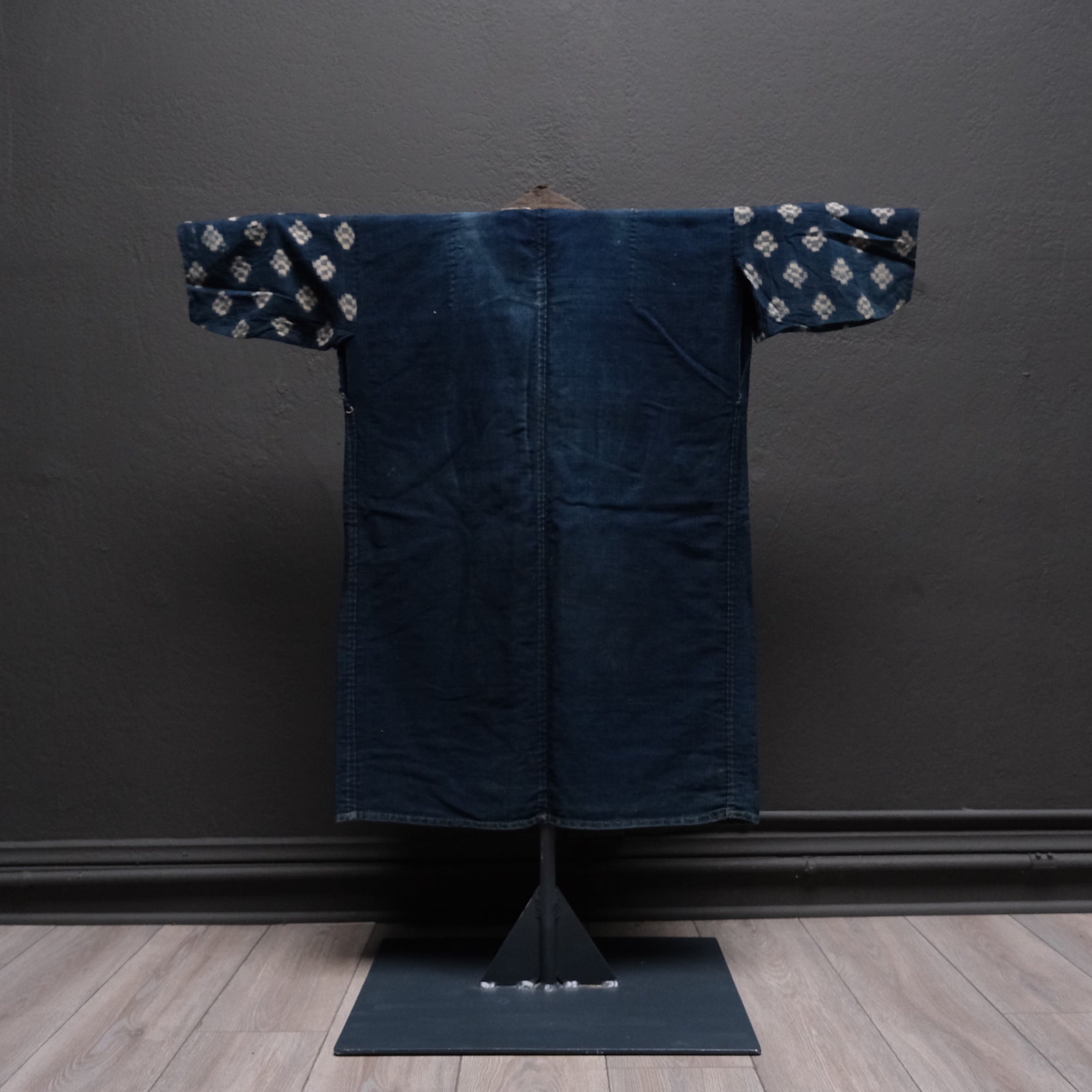Japanese noragi work kimono side view showing assorted indigo cotton pieces