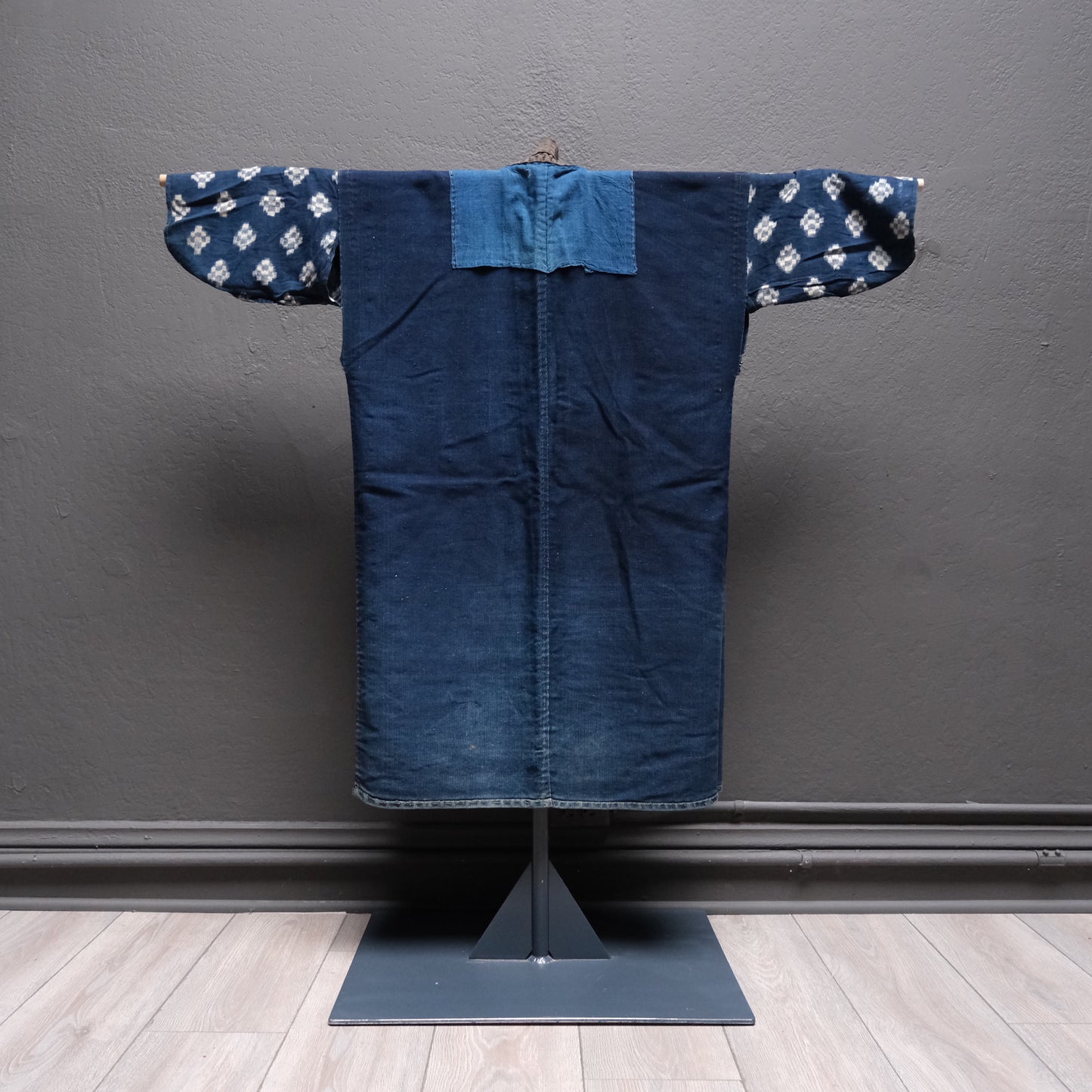 Full spread of Japanese noragi work kimono showing textile collage character