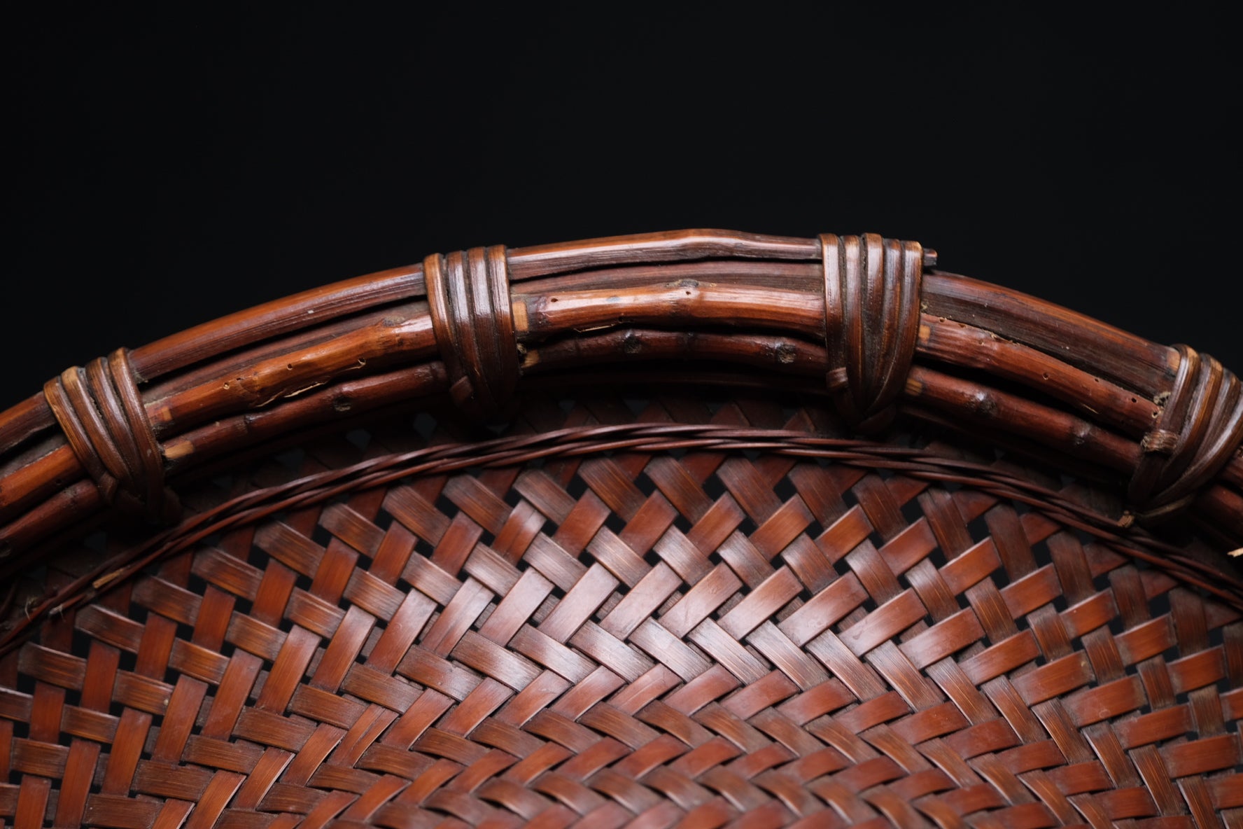 Full view of fine quality Japanese bamboo flat basket with mixed weave pattern