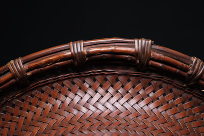 Full view of fine quality Japanese bamboo flat basket with mixed weave pattern