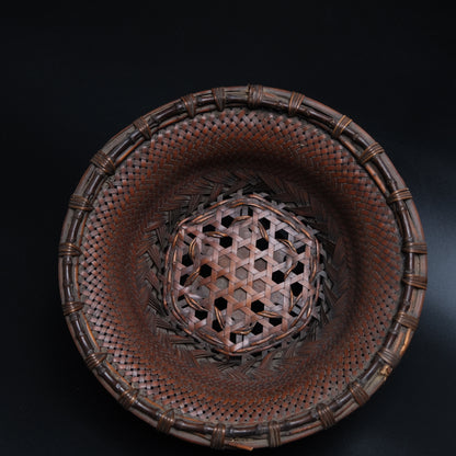Fine Japanese bamboo flat basket side view showing hexagonal plaiting