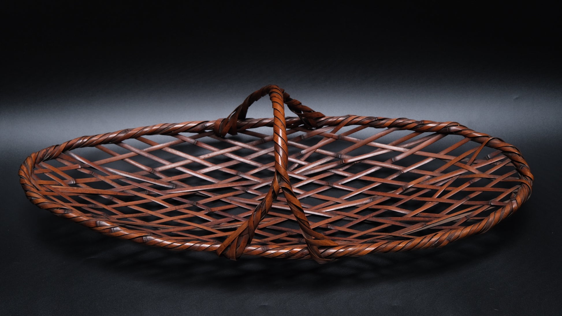 Overhead handle construction on early-mid 20th century signed madake basket