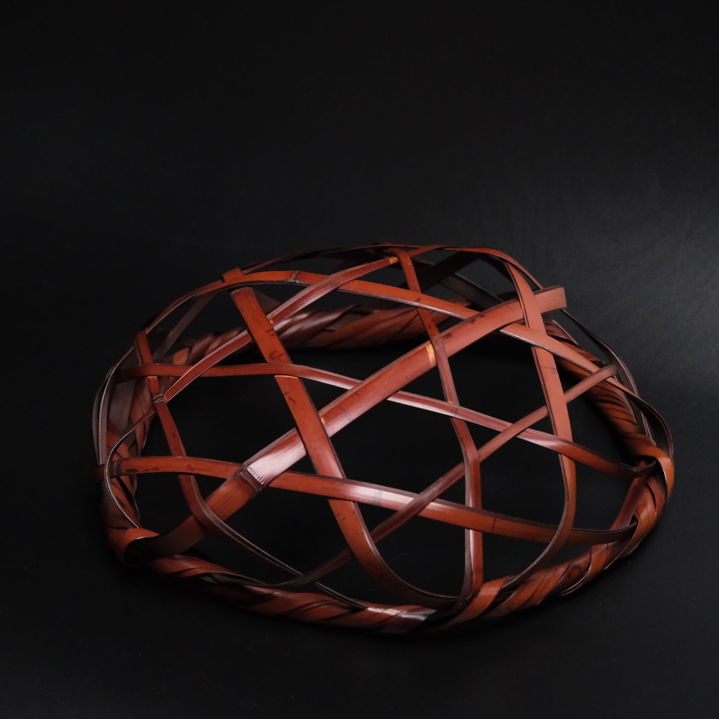 Detail of simple wrapped rim on Japanese madake bamboo hexagonal weave basket