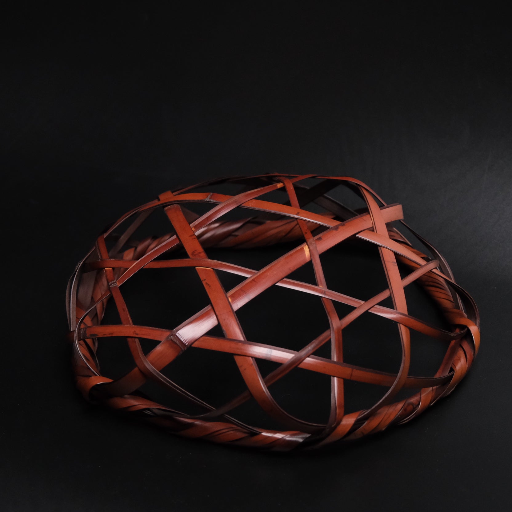 Detail of simple wrapped rim on Japanese madake bamboo hexagonal weave basket