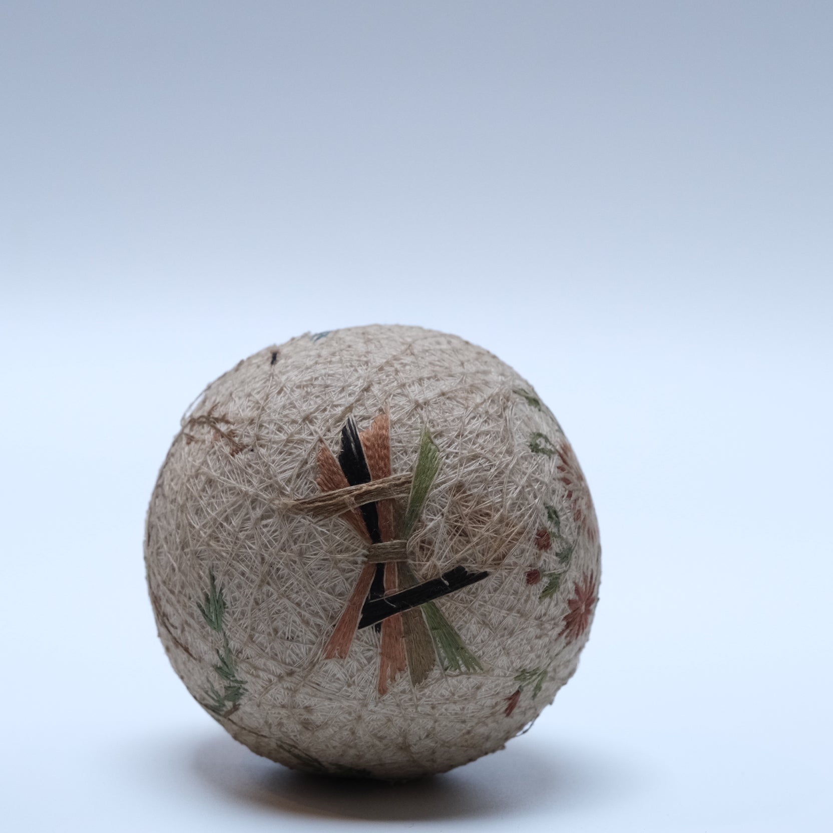 19th century Meiji temari ball side view showing crimson and cobalt thread embroidery