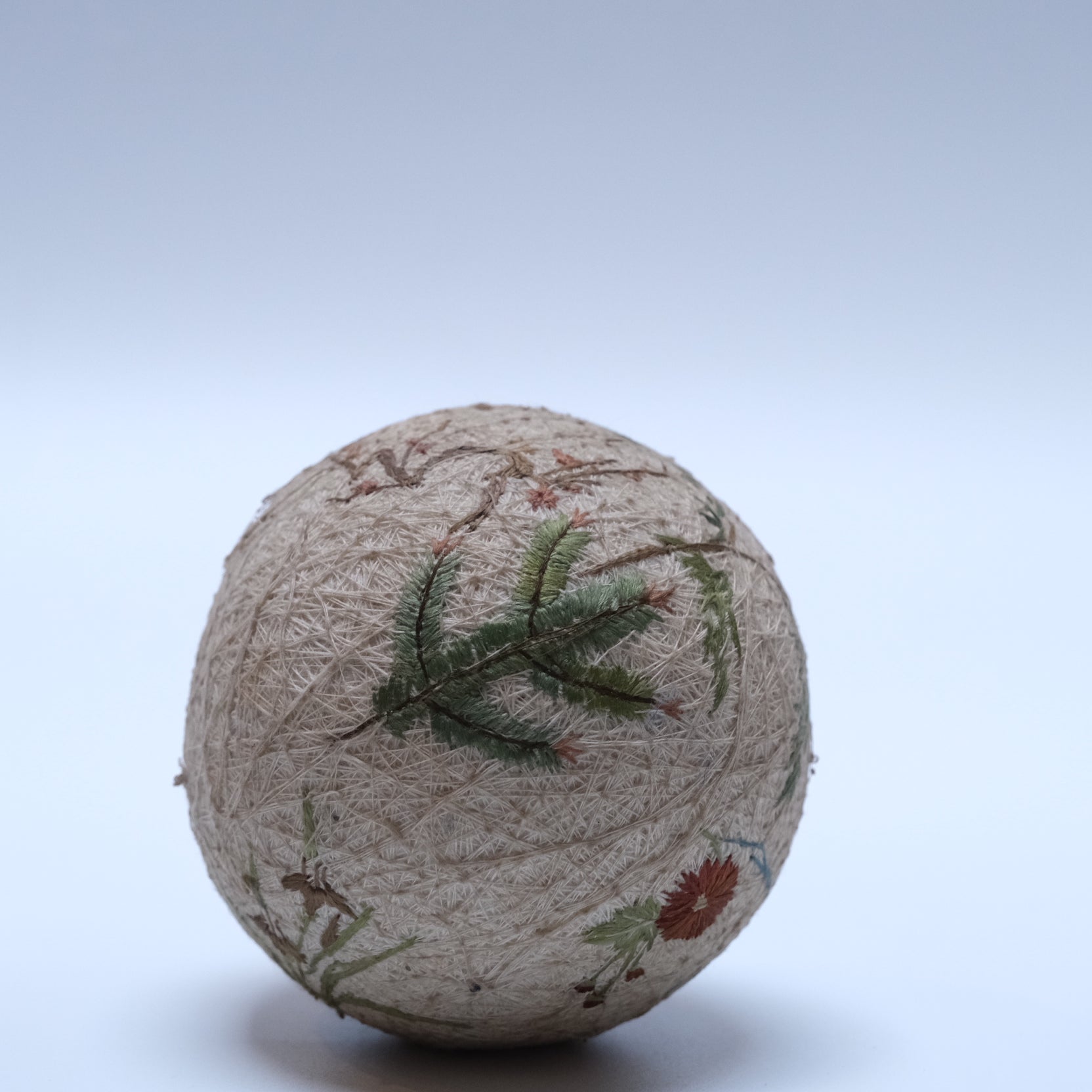 Close-up of floral embroidery motif on Meiji period Japanese temari ball
