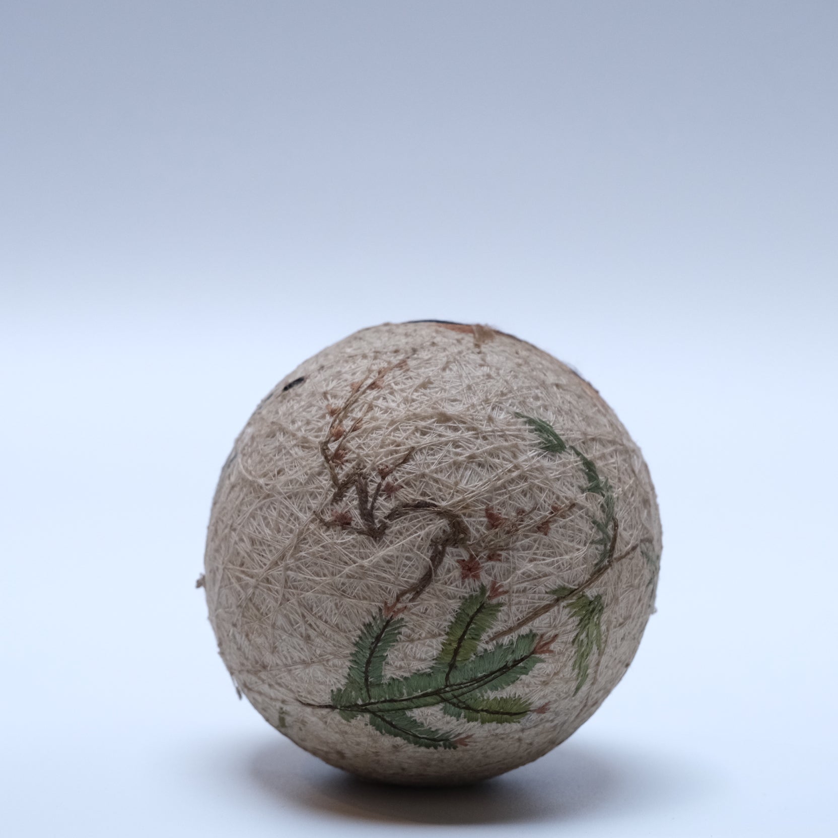 Detail of emerald thread and geometric pattern on early Meiji temari ball