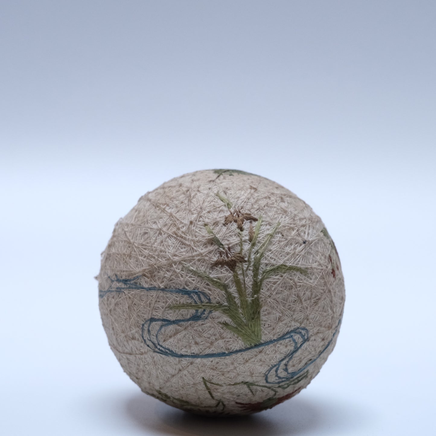 Alternate angle of 19th century Japanese temari ball, 3.5-inch diameter