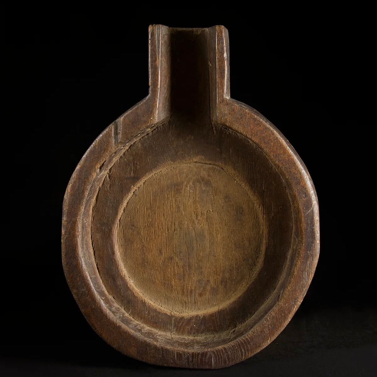 Japanese wooden grinder bowl with projecting spout, view 1 of 3