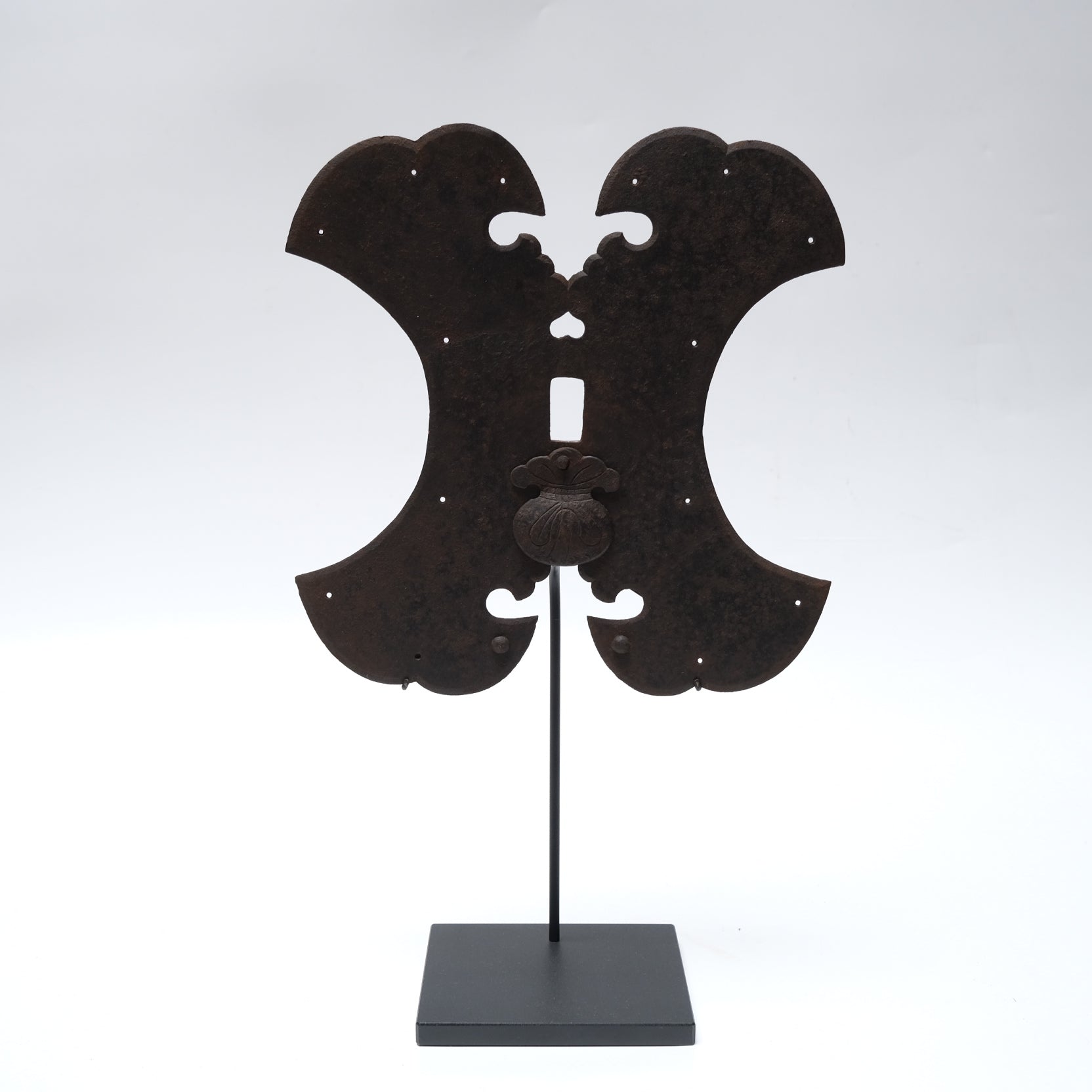 Lock Plate — wrought iron kura lock plate with Daikoku treasure-bag keyhole cover, 18c. Japan