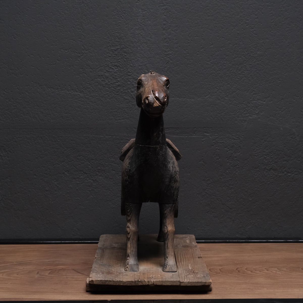 Carved wooden votive horse (shinme) from a Shinto shrine, on an inscribed Meiji-period base, view 8 of 21
