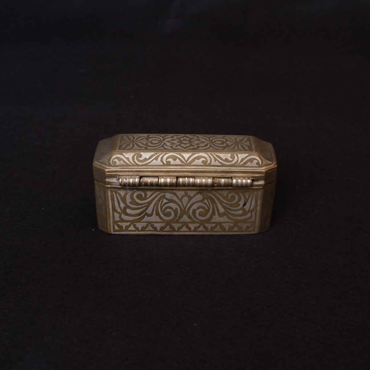 Maranao brass betel nut box engraved with silver-inlaid okir scrollwork, view 5 of 10