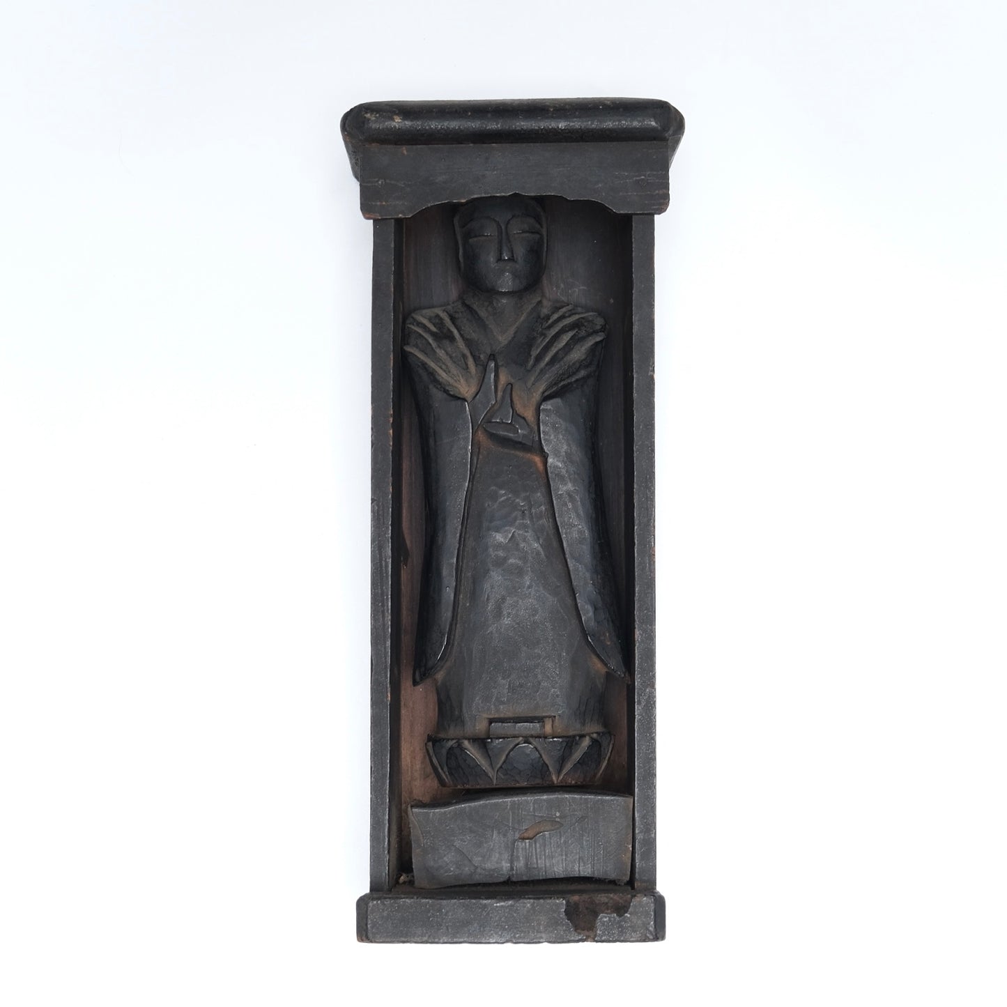Bodhisattva — standing carved figure in añjali mudrā within wooden frame, 18-19c. Japan