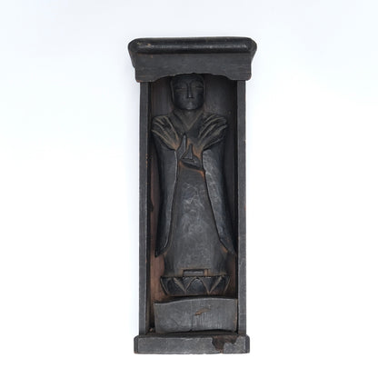 Bodhisattva — standing carved figure in añjali mudrā within wooden frame, 18-19c. Japan