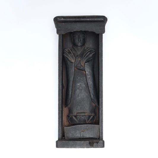 Bodhisattva — standing carved figure in añjali mudrā within wooden frame, 18-19c. Japan