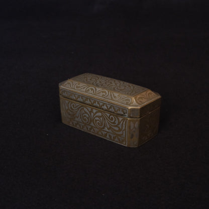 Maranao brass betel nut box engraved with silver-inlaid okir scrollwork, view 3 of 10