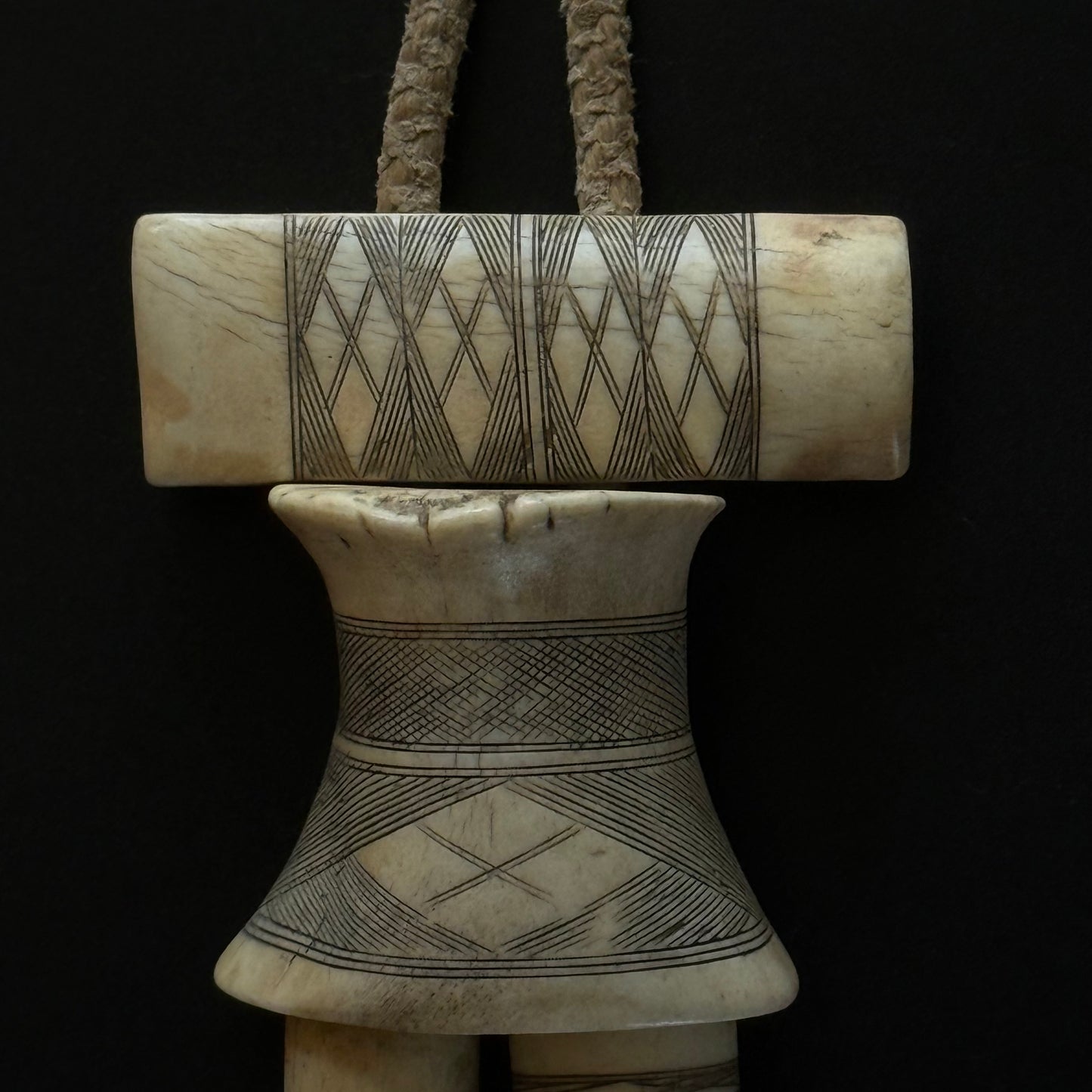 Close-up of deer bone beading on Japanese Edo period cow crupper harness