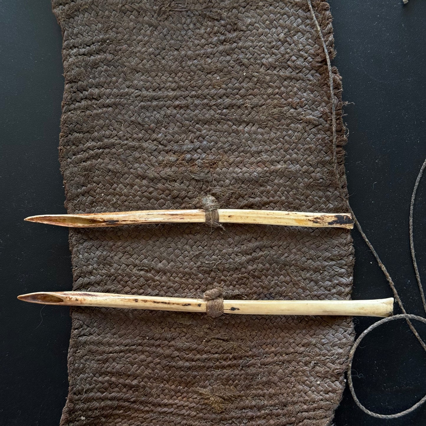 Bird-bone needle detail showing fine polish on 19th century Oceanic sewing kit
