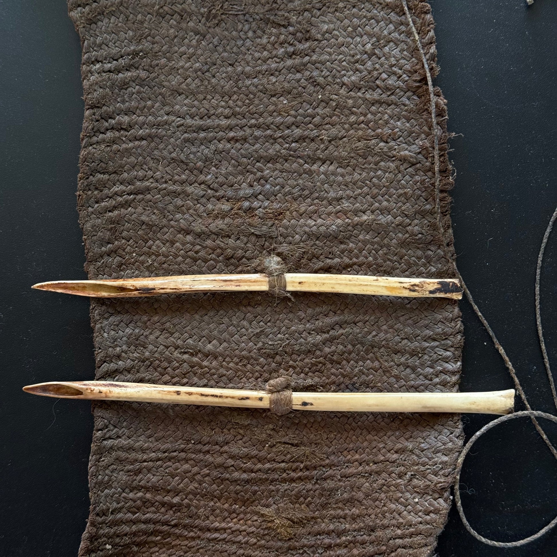 Bird-bone needle detail showing fine polish on 19th century Oceanic sewing kit