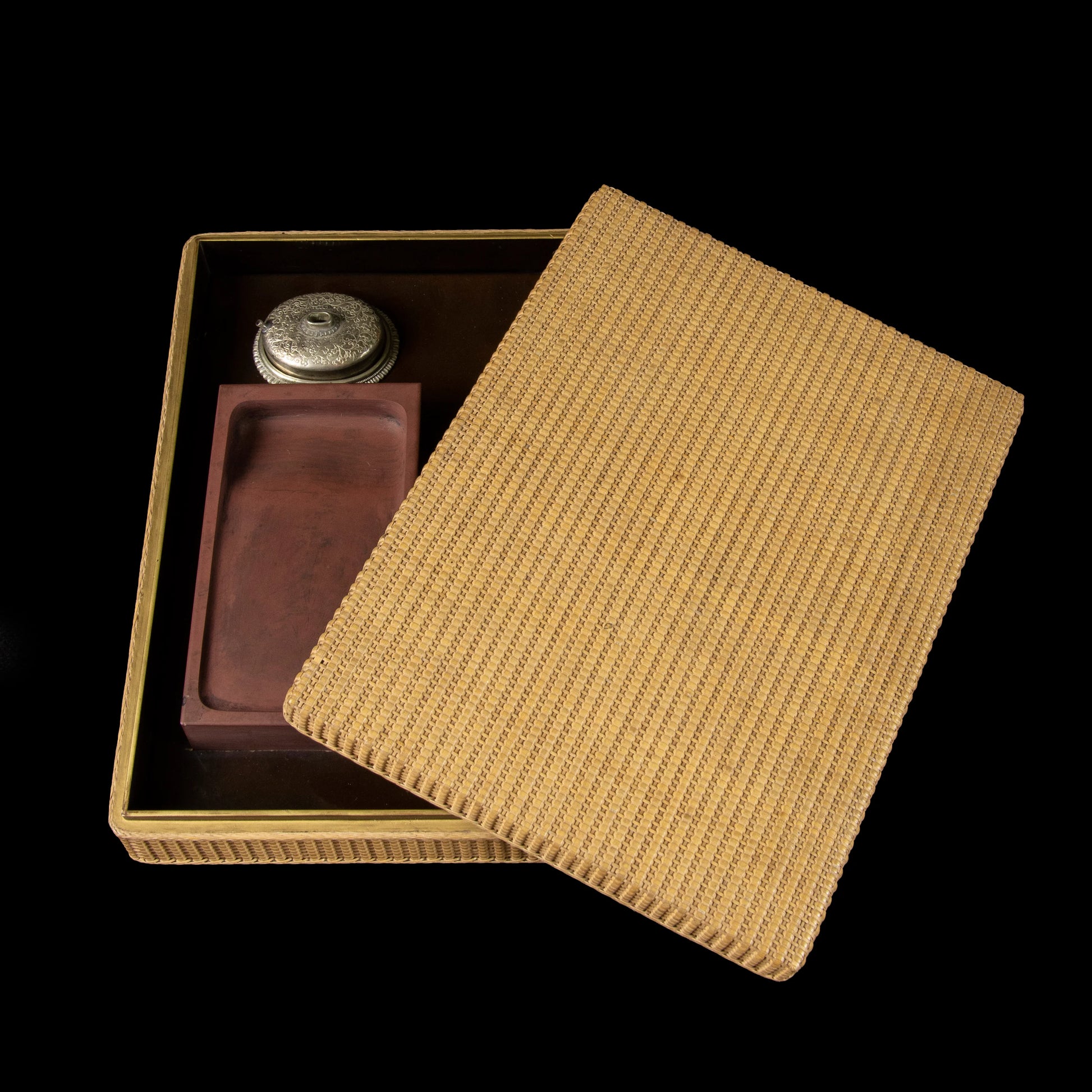 Japanese suzuri-bako inkstone box with lacquer lid and compartments