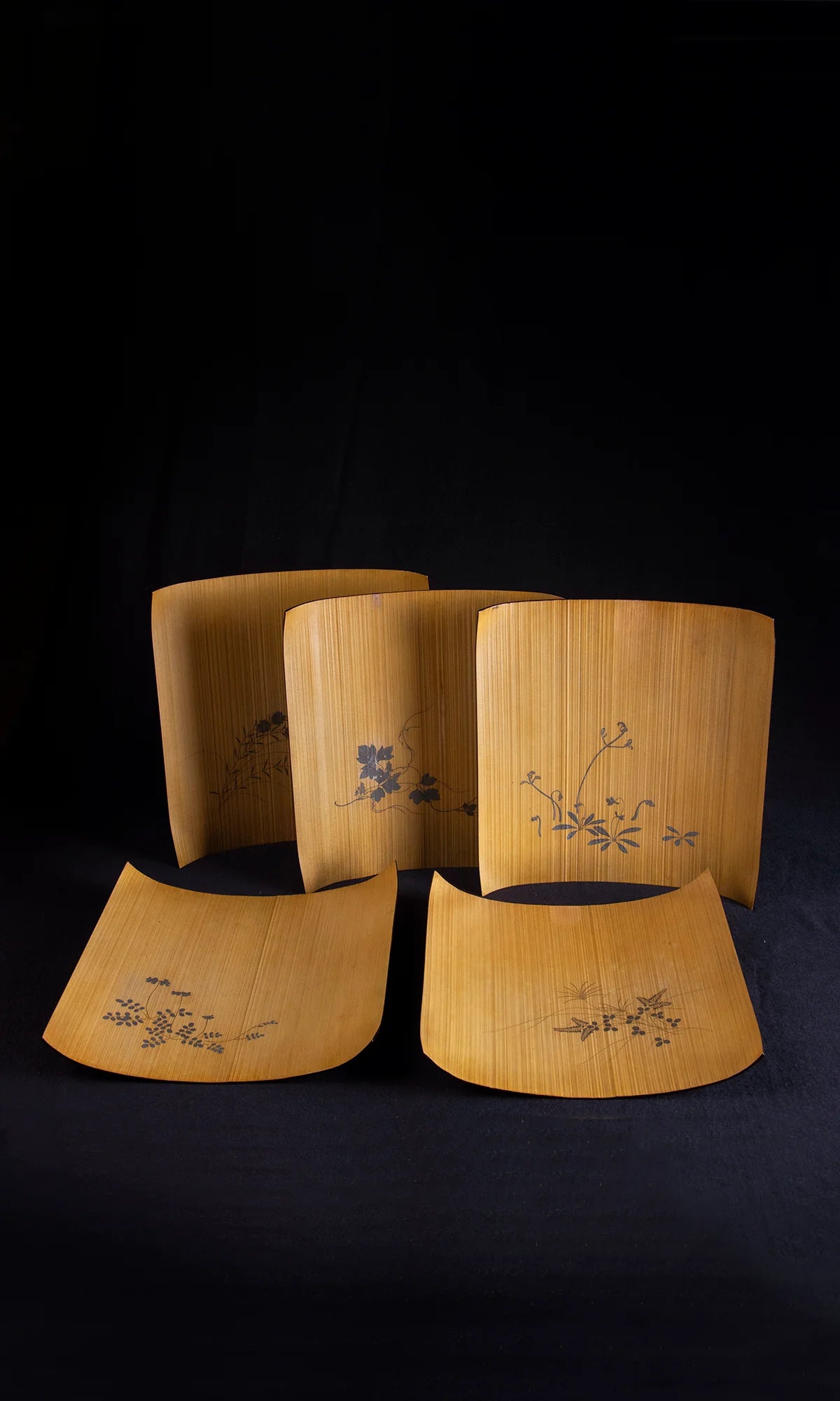Early 20th century Japanese bent bamboo trays close-up of lacquer floral design