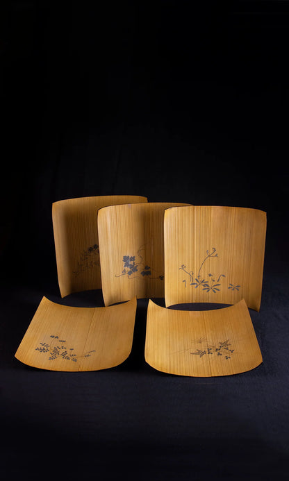 Early 20th century Japanese bent bamboo trays close-up of lacquer floral design